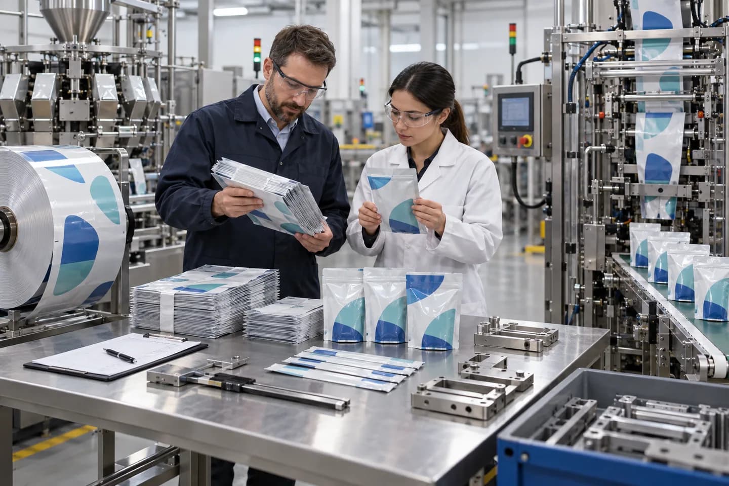 Engineers comparing premade pouches, rollstock and finished packs during a line trial
