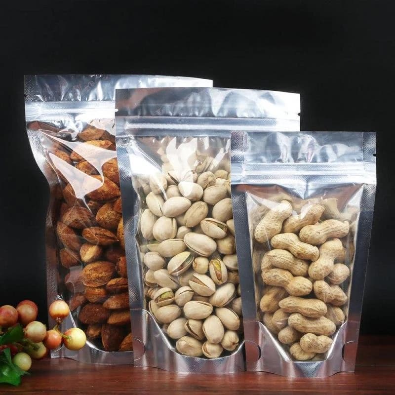 Metallized stand-up food pouches with clear product windows