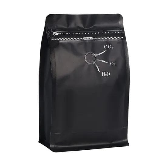 Black flat-bottom coffee bag with zipper and one-way degassing valve