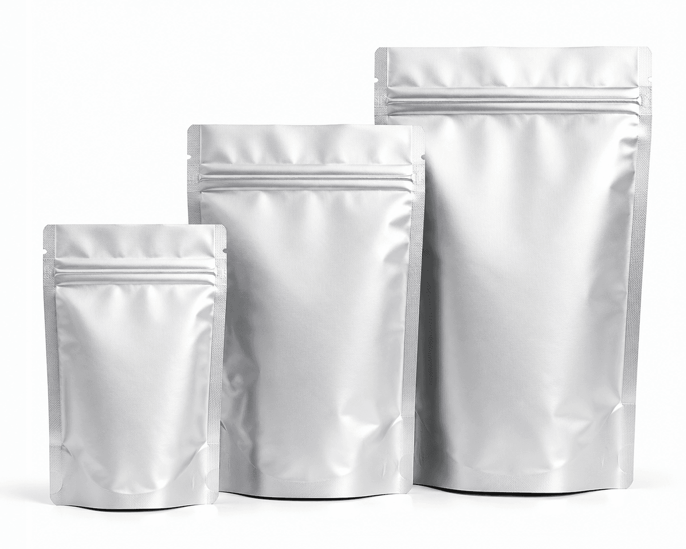 Stand-up pouch samples showing the bottom gusset and resealable zipper